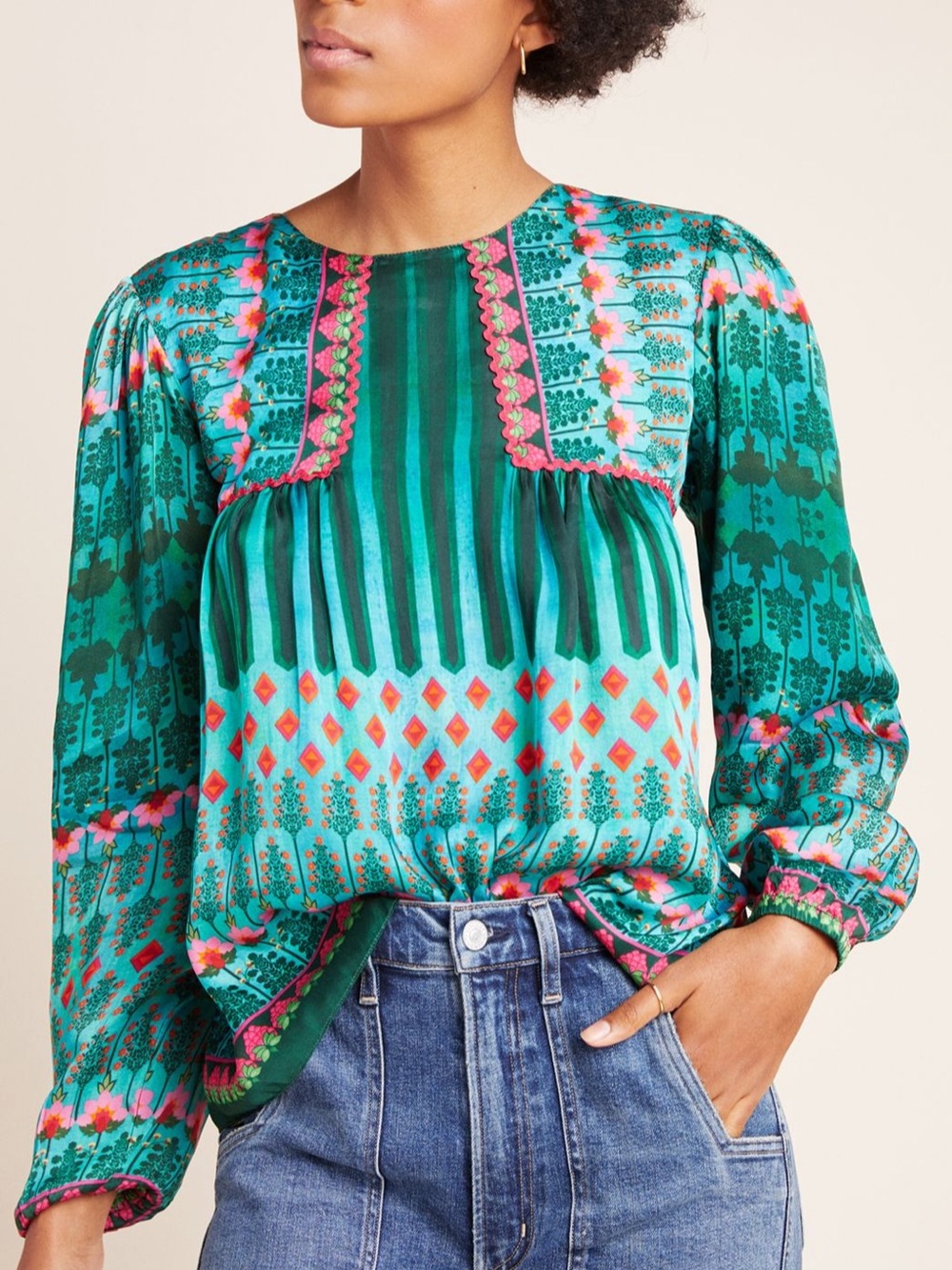 Anthropologie Siddhartha Bansal Lahiri Blouse in Green Motif Size Small
